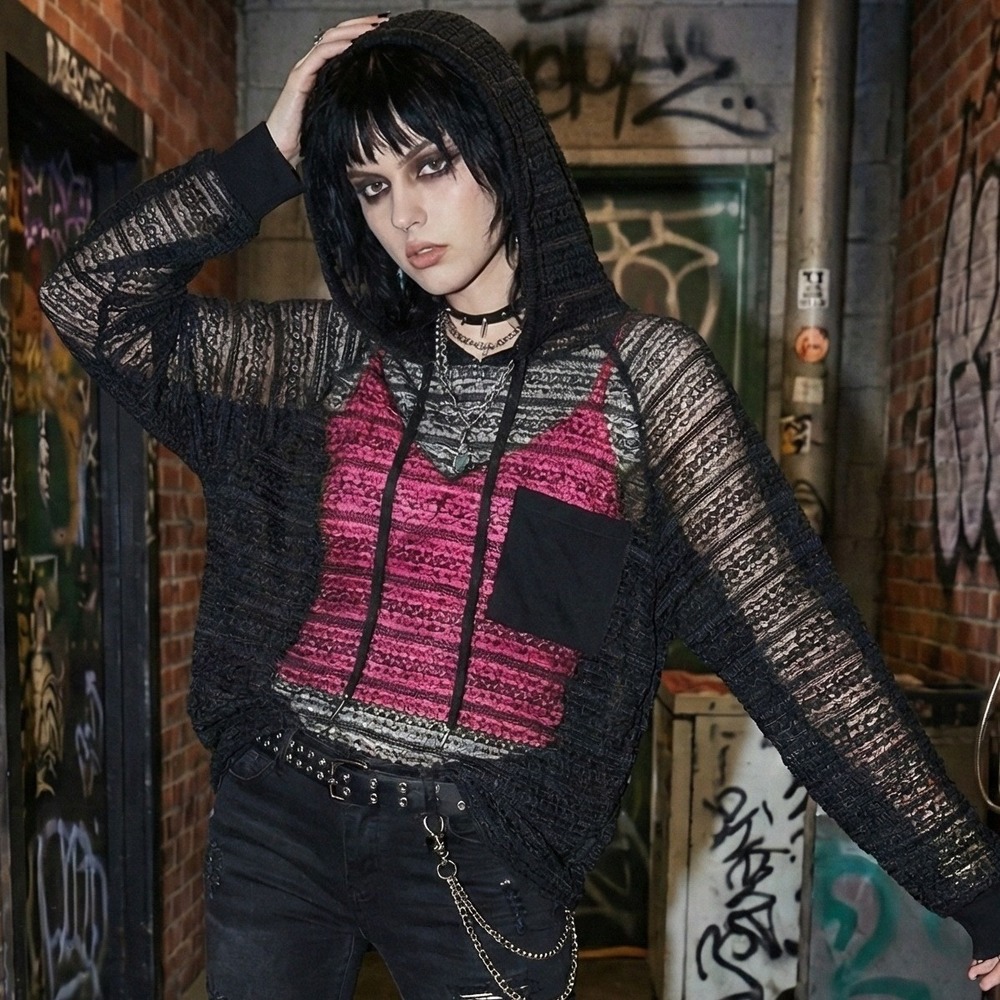 Oversized Black Lace Hooded Jacket M L (Tag XS) Witchy Mall Goth Grunge USA Made